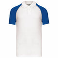 The KB226 by Kariban is a white polo shirt with blue short sleeves, featuring a classic collar and a three-button placket.