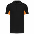 The KB232 by Kariban is a black polo shirt featuring an orange stripe down each side.