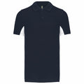 The Kariban KB232 is a stylish black polo shirt featuring short sleeves, a collar, and a button-up neckline. Its design is complemented by contrasting white sides, and it is displayed against a plain white background.