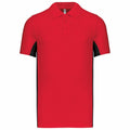 Product Description: The KB232 by Kariban is a red short-sleeve polo shirt featuring a collar and three buttons. It includes black side panels and has no visible logos or designs, presented against a plain white background.