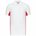 The product is the KB232 by Kariban, featuring a white polo shirt design with red side panels and a buttoned collar.