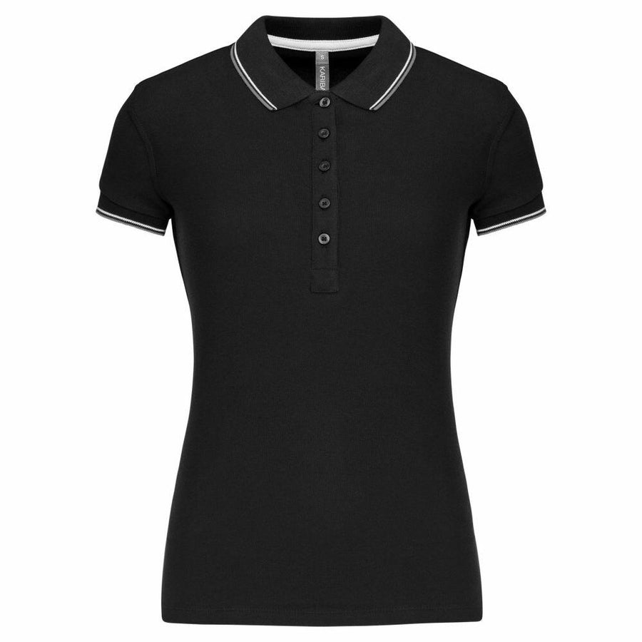 The KB251 by Kariban is a black short-sleeved polo shirt featuring a collar, button-up front, and white trim on the collar and sleeves.