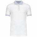 Introducing the KB258 by Kariban: a smooth, lightweight white polo shirt with short sleeves. It features a light gray collar and sleeve trim, along with a buttoned placket comprised of three buttons at the neck.