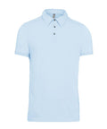 A Kariban KB262 polo shirt in light blue, featuring short sleeves and three gray buttons, displayed on a white background.