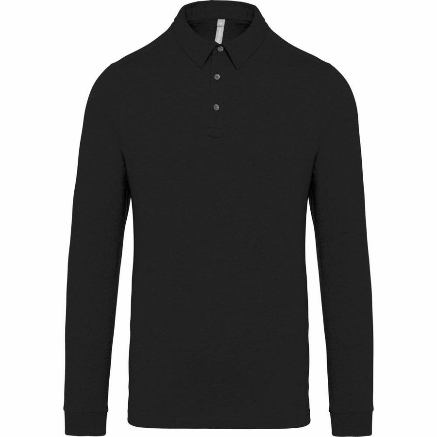 The Kariban KB264 is a black long-sleeve polo shirt featuring a collar and three buttons down the front.