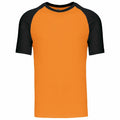 Kariban's KB330 is a baseball-style t-shirt featuring orange and black colors, short sleeves, and a crew neckline.
