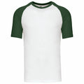 A Kariban KB330 raglan t-shirt featuring a white body with short dark green sleeves and a crew neck, showcased on a plain background.