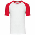 The Kariban KB330 is a white T-shirt featuring short red raglan sleeves and a crew neck, embodying a simple, casual design.
