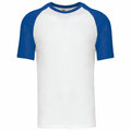 A Kariban KB330 T-shirt with a simple white body and short blue raglan sleeves, showcased on a plain background.
