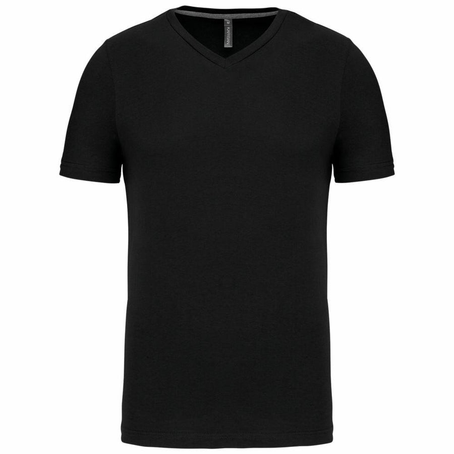 A plain black KB357 V-neck T-shirt from Kariban, featuring short sleeves, is displayed against a white background.