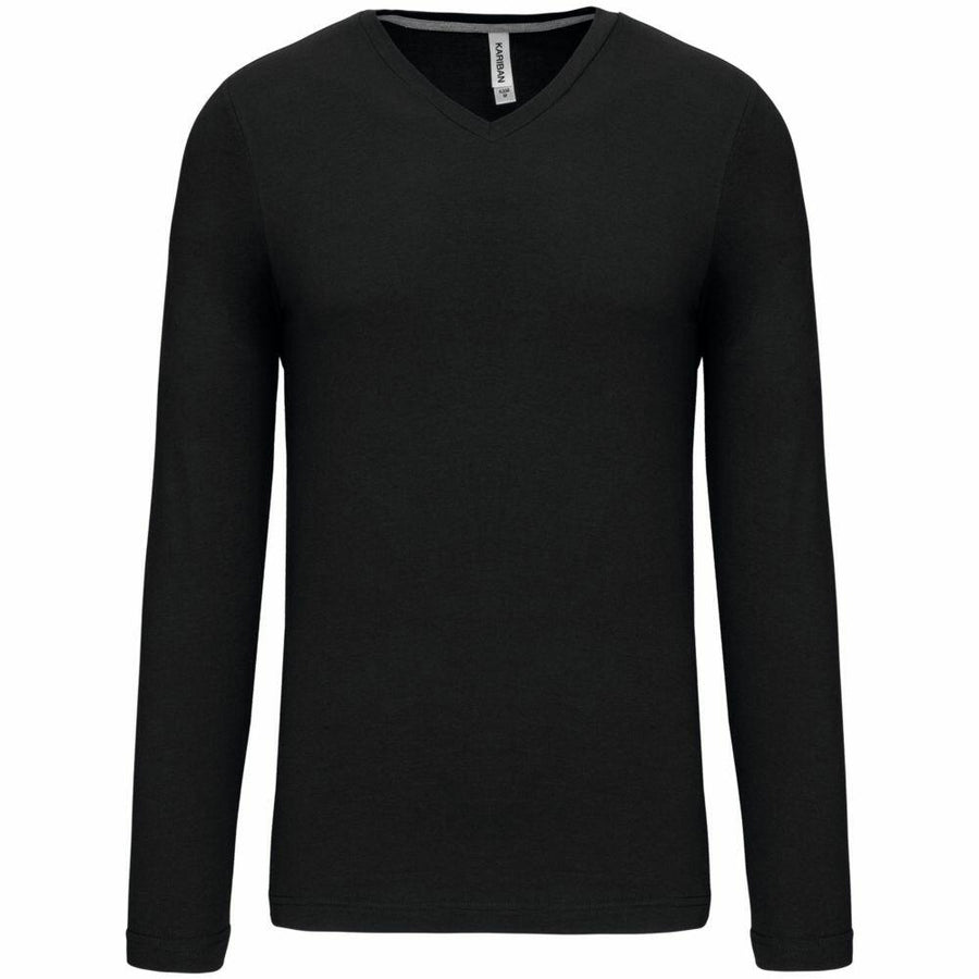 The Kariban KB358, a black V-neck shirt with long sleeves, displayed on a plain white background.