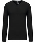 A black, long-sleeve, V-neck shirt with a simple design is displayed against a plain white background. The product name is KB358 and the brand name is Kariban.