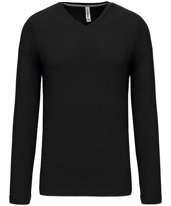 A black, long-sleeve, V-neck shirt with a simple design is displayed against a plain white background. The product name is KB358 and the brand name is Kariban.