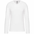 A Kariban KB358 long-sleeve V-neck shirt in plain white, set against a light background.