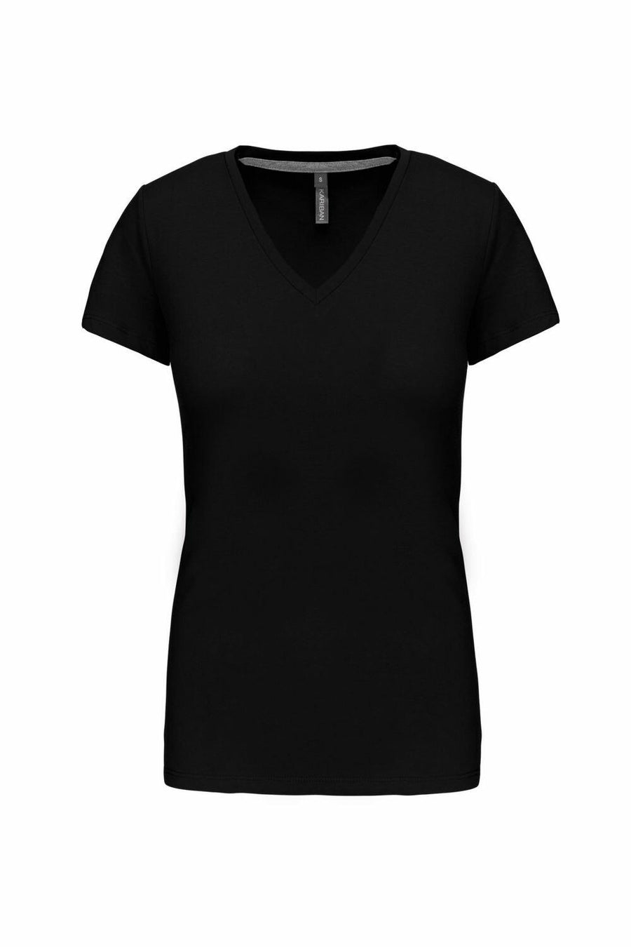 A simple black V-neck T-shirt from the brand Kariban, product code KB381, displayed against a white background.
