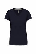 A simple and elegant black V-neck T-shirt with short sleeves from the Kariban brand (Product Name: KB381) displayed on a white background.
