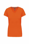 The product is a bright orange, short-sleeve V-neck T-shirt from the Kariban brand, displayed on a plain white background. This item is known by its product code: KB381.