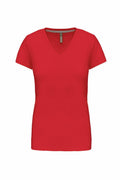 A red Kariban short-sleeve V-neck T-shirt, style KB381, displayed against a white background.