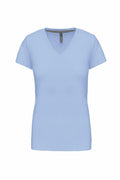 A Kariban KB381 light blue V-neck short-sleeve t-shirt displayed against a white background.