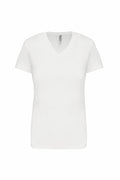 The Kariban KB381 is a plain white V-neck t-shirt set against a white background, featuring short sleeves and a timeless, classic design.