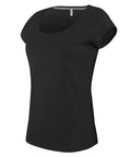 A black short-sleeve women's T-shirt featuring a scoop neckline by Kariban, product number KB384, displayed on a white background.