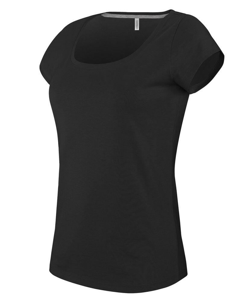 A black short-sleeve women's T-shirt featuring a scoop neckline by Kariban, product number KB384, displayed on a white background.
