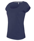 A simple and classic design, the Kariban KB384 is a navy blue, fitted T-shirt featuring short sleeves and a scoop neck, displayed on a plain background.
