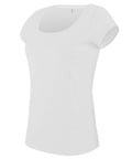 The product image showcases the KB384, a plain white short-sleeved T-shirt by Kariban, featuring a round neckline and a simple, minimalistic design against a white background.