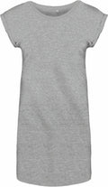 The Kariban KB388, a gray knee-length dress with short sleeves and a simple, minimalist design, is shown.