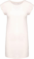 The Kariban KB388 is a white T-shirt dress featuring a V-neckline and short sleeves, set against a plain white background.