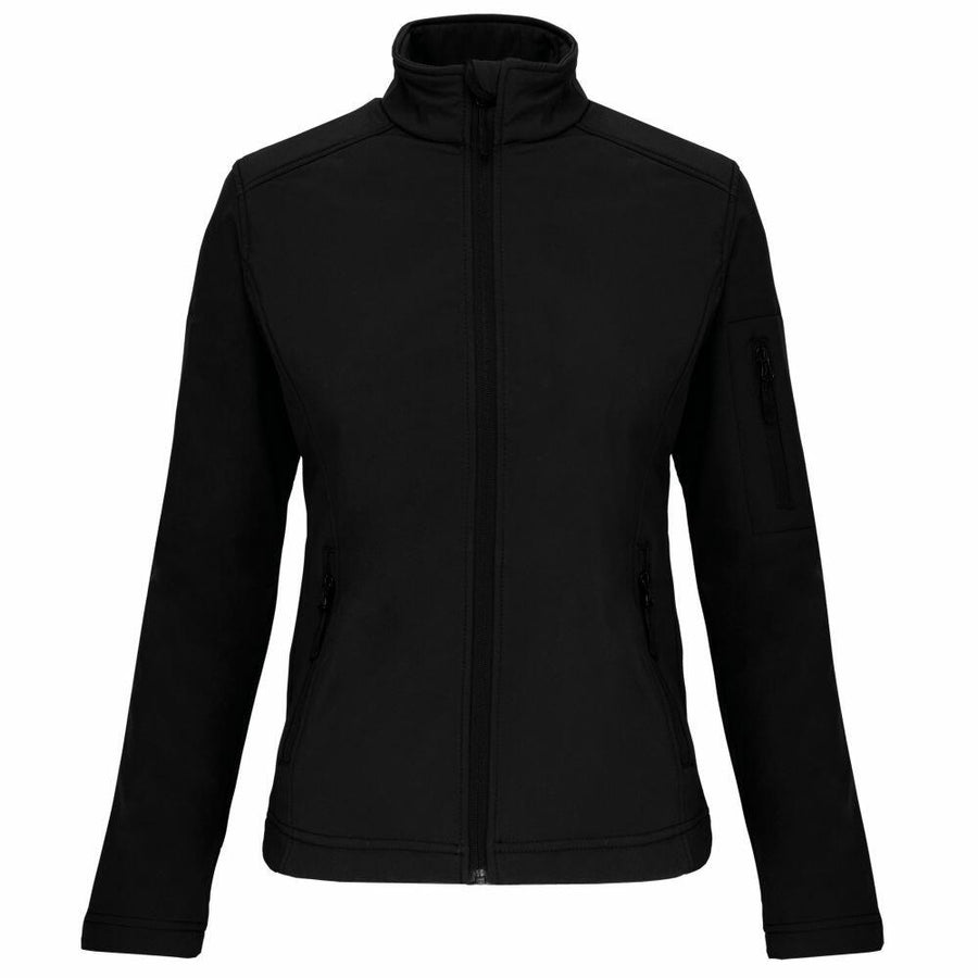 The KB400 by Kariban is a black jacket featuring a zip-up design, long sleeves, and a high collar. It includes two front zippered pockets and an additional zippered pocket on the upper sleeve.