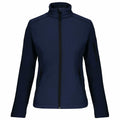Introducing the Kariban KB400: a navy blue softshell jacket featuring a high collar and zip closure, complete with convenient zippered pockets on the chest and sides.
