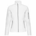 The KB400 white jacket by Kariban features a high collar and a front zipper. It includes two zippered pockets on the sides and one on the left sleeve, all in a simple and minimalistic design.