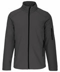 A gray Kariban KB401 zip-up jacket with a high collar and three zippered pockets, two on the sides and one on the left sleeve.