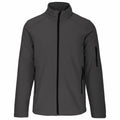Introducing the Kariban KB401, a sleek dark gray zip-up jacket with a high collar and long sleeves. It boasts black zippers on the front, two convenient side pockets, and an additional zippered pocket on the left sleeve. Its simple design makes it perfect for casual wear.