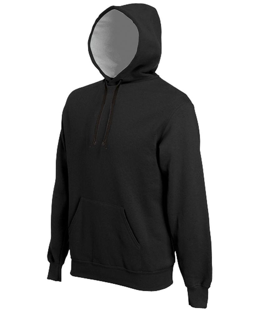 A black Kariban KB443 hoodie featuring a front pocket and drawstring hood, displayed against a white background.
