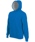 Introducing the Kariban KB443: a stylish plain blue hoodie featuring a convenient front pocket and an adjustable drawstring hood. The interior of the hood is designed in light gray for a subtle contrast. It is presented against a sleek white background.