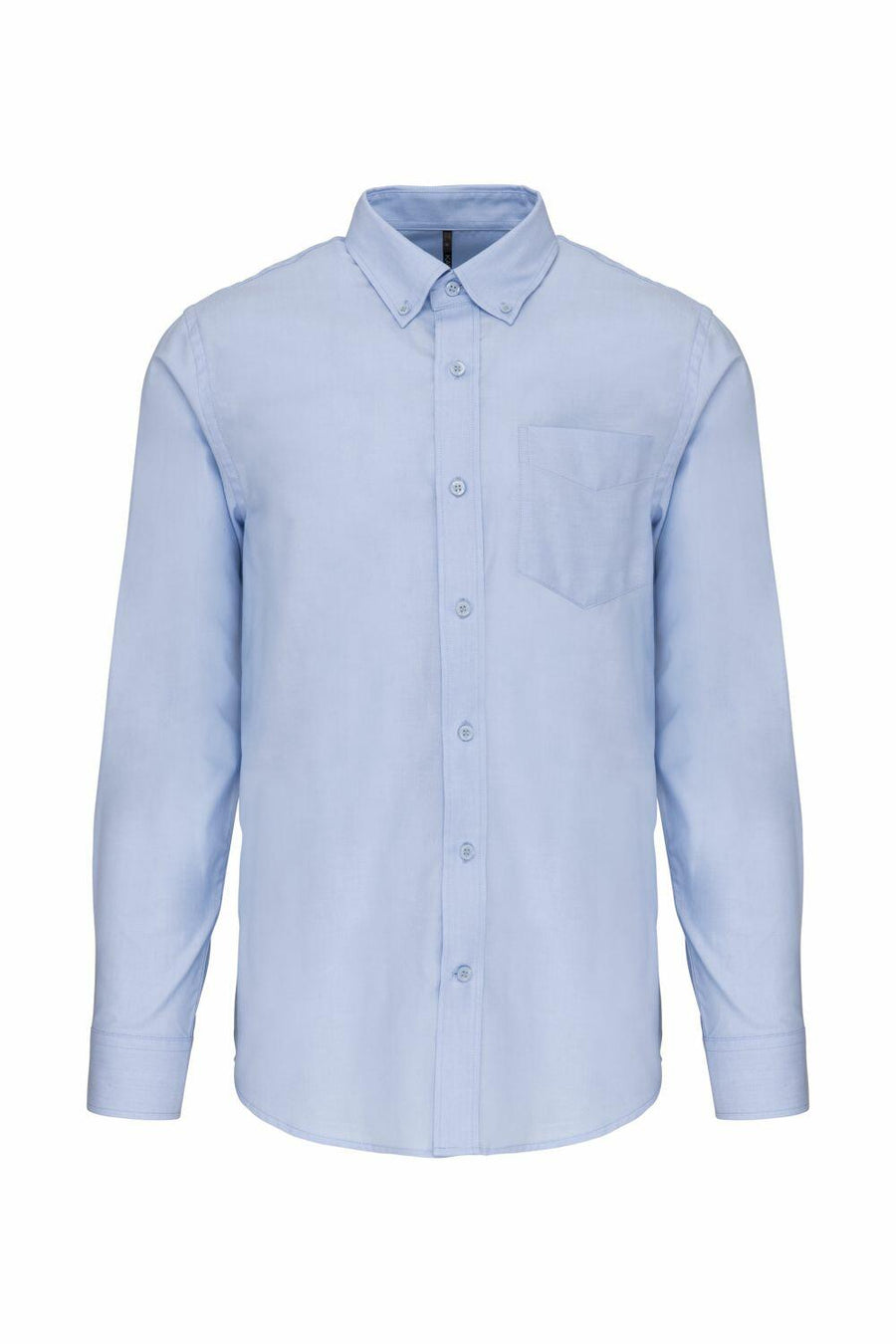 Kariban's KB533 is a light blue long-sleeve button-up shirt featuring a front pocket.