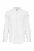 Kariban's KB533 is a white, long-sleeve button-up shirt featuring a pocket on the left chest, presented against a plain white background.