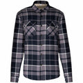 The KB579 by Kariban is a long-sleeve button-up shirt featuring a black, gray, and white plaid pattern with two chest pockets.