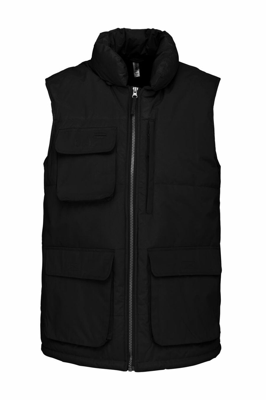 The KB615 by Kariban is a black puffer vest featuring a front zipper, high collar, and three pockets.