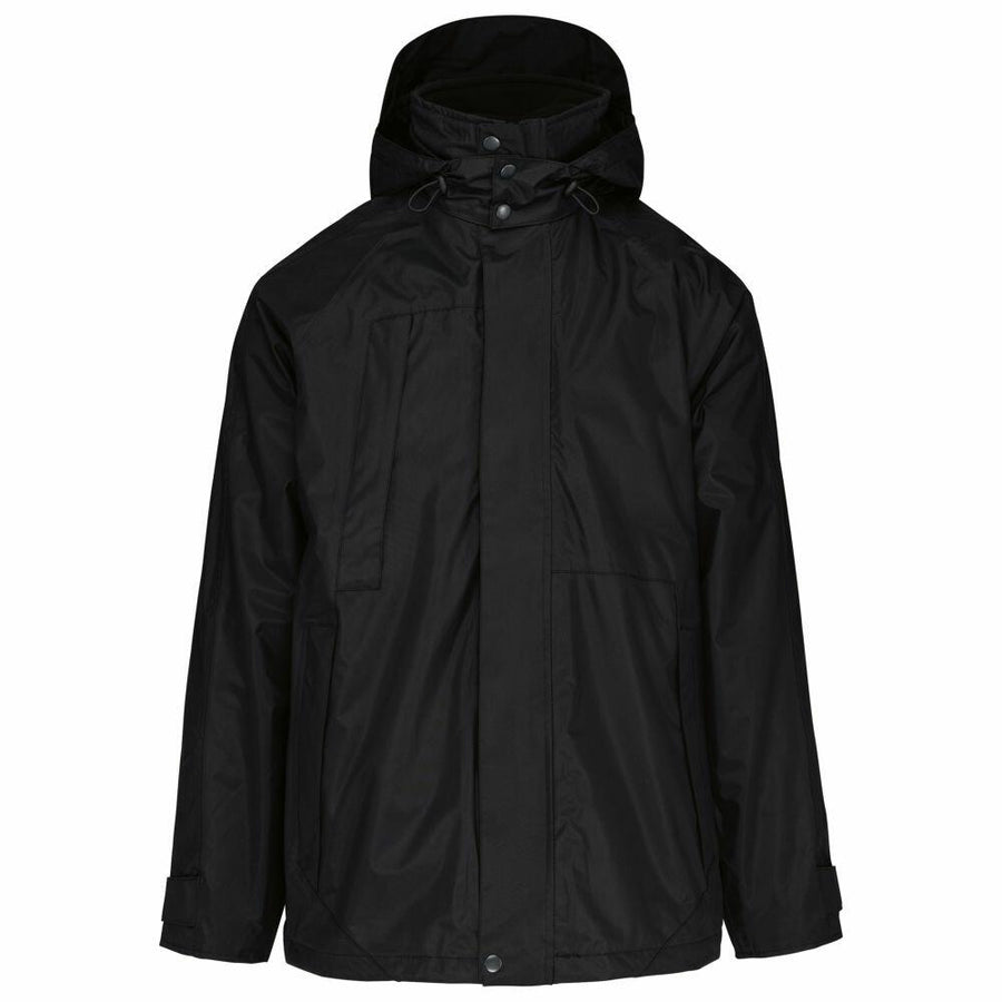A Kariban KB657 black hooded jacket displayed on a plain white background.