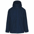 The KB657 by Kariban is a navy blue hooded jacket featuring a front zipper and snap buttons, with two side pockets and adjustable cuffs.