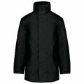 The product KB677 by Kariban, a black raincoat featuring a high collar and front closure, is showcased against a plain white background.