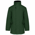 Introducing the KB677 by Kariban, a dark green winter coat masterfully designed with a high collar and concealed button closure. This stylish piece features two front diagonal pockets and adjustable cuffs, all set against a plain white background for an elegant display.