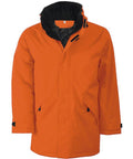 Introducing the Kariban KB677, a vibrant orange winter jacket featuring a sleek black inner lining. This stylish jacket comes with a high collar, convenient front pockets, adjustable cuffs, and a front zipper cleverly concealed by a buttoned flap.