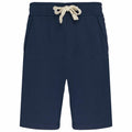 The KB710 by Kariban are navy blue knee-length shorts that include an elastic waistband, beige drawstring, and two side pockets.