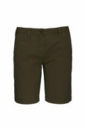 The olive green KB753 shorts by Kariban are knee-length and feature belt loops with a button closure.