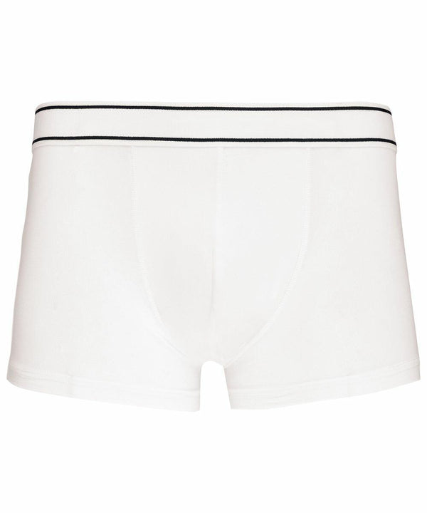 A pair of white KB800 boxer briefs with a black-trimmed elastic waistband from Kariban.