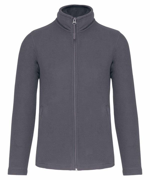 A gray, long-sleeved, full-zip fleece jacket with a high collar and two side pockets from Kariban called KB903.